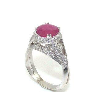 14K White Gold Ring 7.5 Natural Ruby Diamond Halo